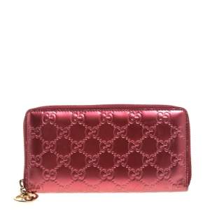 مملوكة مسبقًا Gucci Metallic Red Guccissima Leather Zip Around Wallet