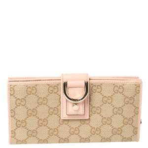 Pre Owned Gucci Beige/Pink GG Canvas and Leather Continental Wallet