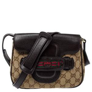 Pre Owned Gucci Ebony/Beige GG Canvas and Leather Medium Dressage Shoulder Bag