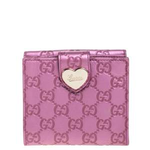 Pre Owned Gucci Metallic Pink Guccissima Leather Heart French Flap Wallet