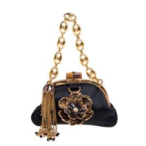 Pre Owned Gucci Black Satin Flower Embellished Bamboo Lock Mini Clutch
