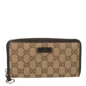 Pre Owned Gucci Beige GG Canvas Zip Around Wallet 