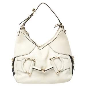 مملوكة مسبقًا Gucci White Leather Small Web Horsebit Heritage Hobo