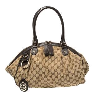 Pre Owned حقيبة غوتشي سوكي بوسطن متوسطة جلد وكانفاس GG بيج