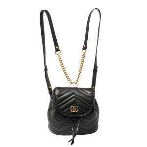 Pre Owned Gucci Black Matelasse Leather GG Marmont Backpack