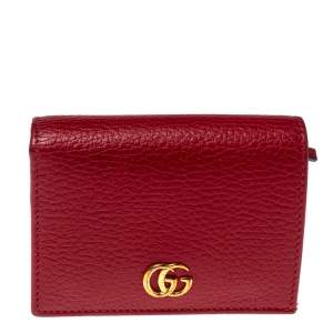 Pre Owned Gucci Red Beige Leather GG Marmont Card Case