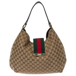 Pre Owned Gucci Beige/Ebony GG Canvas and Leather Medium New Ladies Web Hobo 