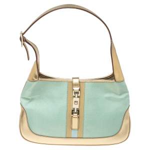 مملوكة مسبقًا Gucci Metallic Gold/Turquoise Mesh and Leather Jackie Hobo