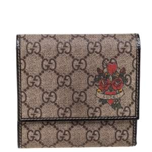 Gucci Beige GG Supreme Canvas and Patent Leather Tattoo Heart Trifold Wallet