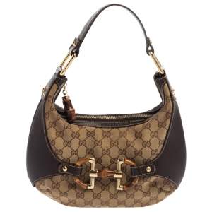 مملوكة مسبقًا Gucci Beige/Brown GG Canvas and Leather Horsebit Amalfi Hobo