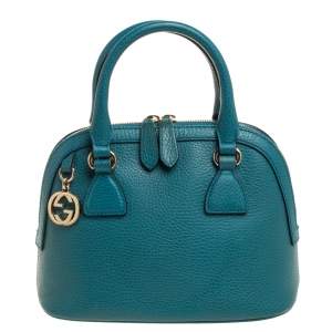 Pre Owned Gucci Teal Blue Leather Interlocking GG Charm Satchel