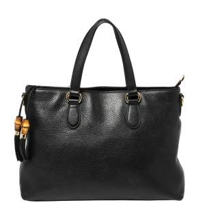 مملوكة مسبقًا Gucci Black Pebbled Leather Bamboo Tassel Tote