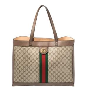 Pre Owned Gucci Ebony/Beige GG Supreme Canvas and Leather Medium Ophidia Soft Tote