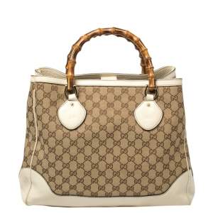 Pre Owned Gucci  Beige/Cream GG Canvas and Leather Diana Bamboo Tote