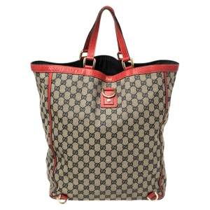 Pre Owned Gucci Beige/Red GG Canvas And Leather Large Abbey Tote