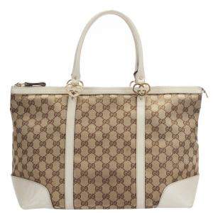 Pre Owned Gucci White GG Canvas Leather Lovely Tote Bag