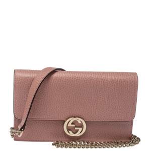 Pre Owned Gucci Pink Leather Interlocking G Wallet on Chain