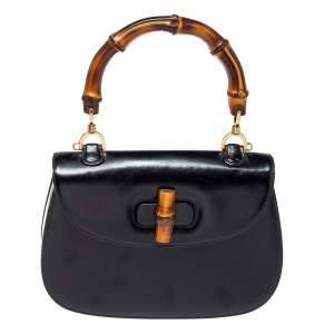 Pre Owned Gucci Black Leather Small Bamboo Top Handle Bag