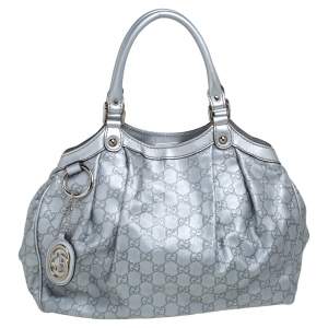 Pre Owned Gucci Silver Guccissima Leather Medium Sukey Tote 
