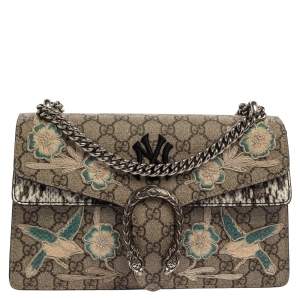 مملوكة مسبقًا حقيبة كتف غوتشي أن واي يانكيز ديونسوس صغيرة جلد ثعبان وكانفاس سوبريم جي جي مطرزة بيج