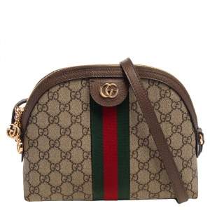 Pre Owned Gucci Beige/Brown GG Supreme Canvas and Leather Ophidia Crossbody Bag
