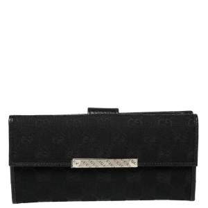 مملوكة مسبقًا Gucci Black GG Canvas and Leather Logo Metal Plate Continental Wallet