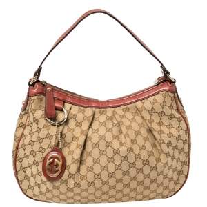 Pre Owned Gucci Beige/Red GG Canvas and Leather Medium Sukey Hobo