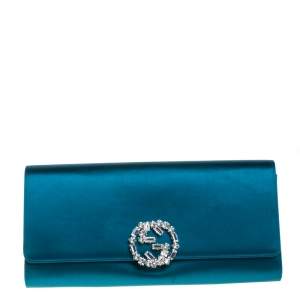 مملوكة مسبقًا Gucci Teal Blue Satin Crystal Embellished Interlocking G Broadway Clutch