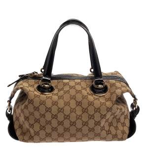 مملوكة مسبقًا Gucci Brown/Black GG Canvas and Patent Leather Satchel