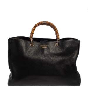 Pre Owned Gucci Black Leather Large Bamboo Handle Shopper Tote  