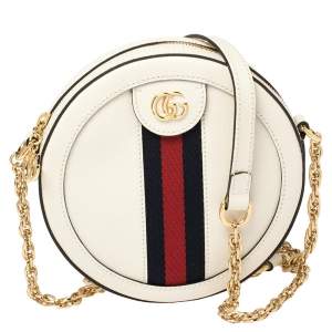Pre Owned Gucci White Leather Mini Ophidia Round Shoulder Bag   