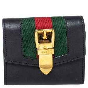 Pre Owned محفظة غوتشي سيلفي جلد أسود ثلاثية الطي