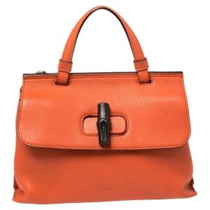 مملوكة مسبقًا Gucci Orange Leather Medium Bamboo Daily Top Handle Bag