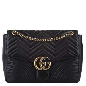 Gucci Black Leather GG Marmont Large Shoulder Bag