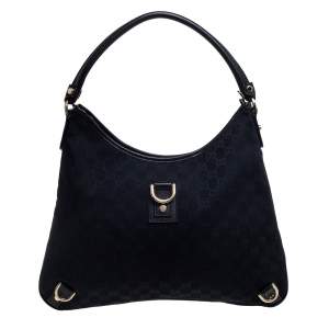 Pre Owned Gucci Black GG Canvas and Leather Abbey D-Ring Hobo