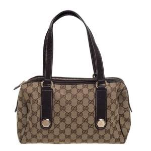 Pre Owned Gucci Beige/Brown GG Canvas and Leather Charmy Boston Bag