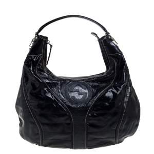 Pre Owned Gucci Black Patent Leather Snow Glam Medium Hobo