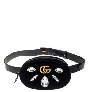 Pre Owned Gucci Black Matelassé Velvet Crystal Embellished GG Marmont Belt Bag