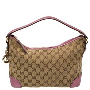 Pre Owned Gucci Beige/Purple GG Canvas and Leather Heart Bag Charm Satchel 