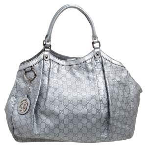 Pre Owned Gucci Metallic Silver Guccissima Leather Large Sukey Tote