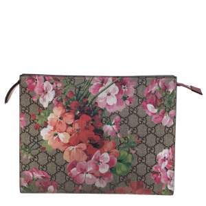 Pre Owned Gucci Beige GG Supreme Blooms Canvas and Leather Pouch