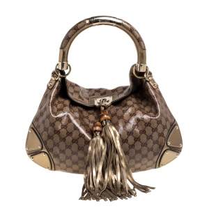 Gucci Gold Crystal Canvas and Leather Medium Babouska Indy Hobo
