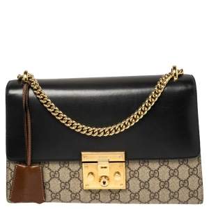 Pre Owned Gucci Beige/Black GG Supreme Canvas and Leather Medium Padlock Shoulder Bag