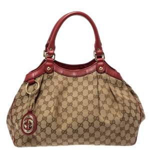 Pre Owned Gucci Maroon/Beige GG Canvas and Leather Medium Sukey Tote 