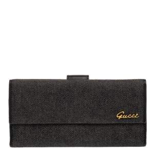 Gucci Black Denim and Leather Logo Flap Continental Wallet