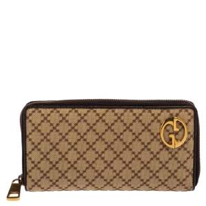 Pre Owned Gucci Beige/Brown Diamante Canvas and Leather Zip Around Wallet