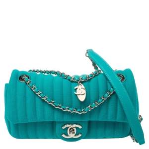 Pre Owned Chanel Turquoise Vertical Fabric Soft Shell Flap Bag