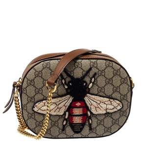 Pre Owned Gucci Brown/Beige Bee Embroidered GG Supreme Canvas and Leather Mini Chain Bag