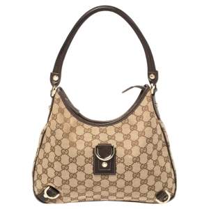 Pre Owned Gucci Beige/Brown GG Canvas and Leather Small Abbey D-Ring Hobo