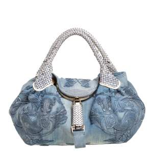 Pre Owned Fendi Light Blue Denim Embroidered Squirrel Limited Edition Spy Bag